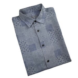 Tasso Elba Men’s Patchwork Button Up Short Sleeve Blue Collared Linen Blend-L